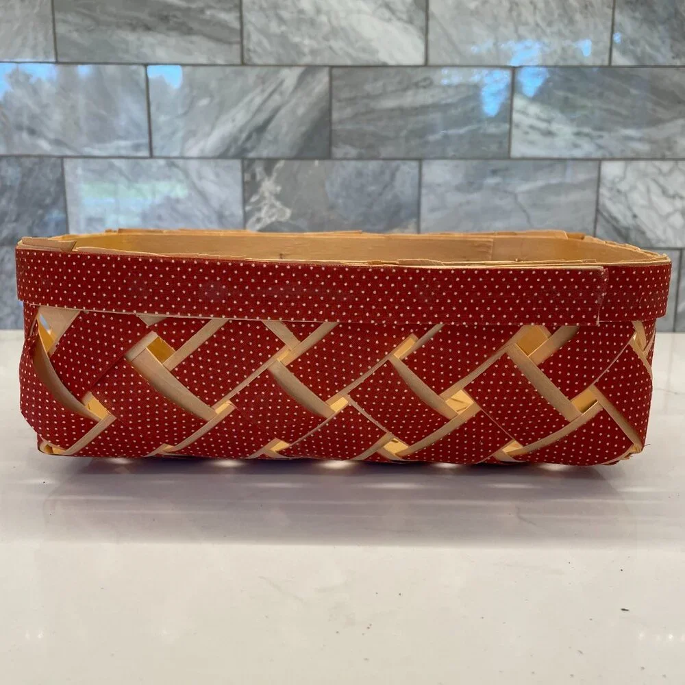Vtg Farmhouse Split Slat Wood Woven Red Ribbon Basket w 20 oz Atlas Mason Jars